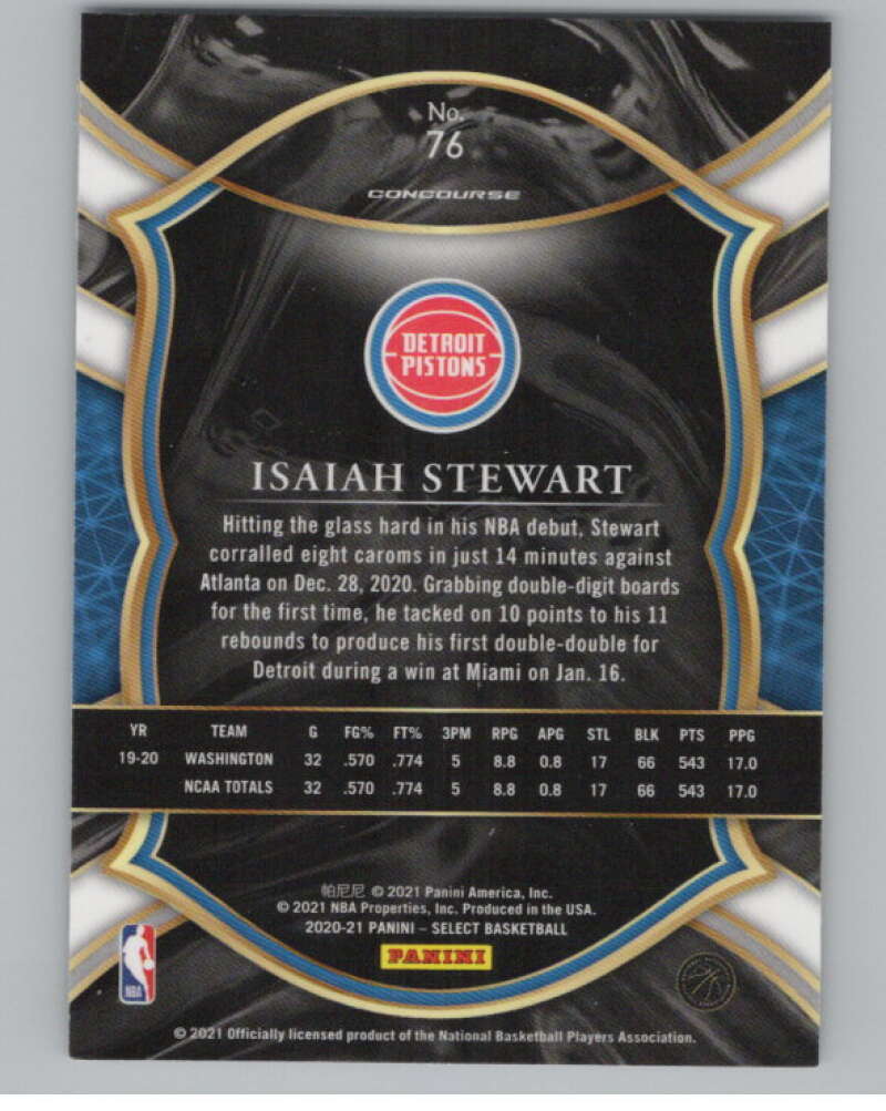 2020-21 Panini Select Blue #76 Isaiah Stewart Concourse  Detroit Pistons  V101699 Image 2