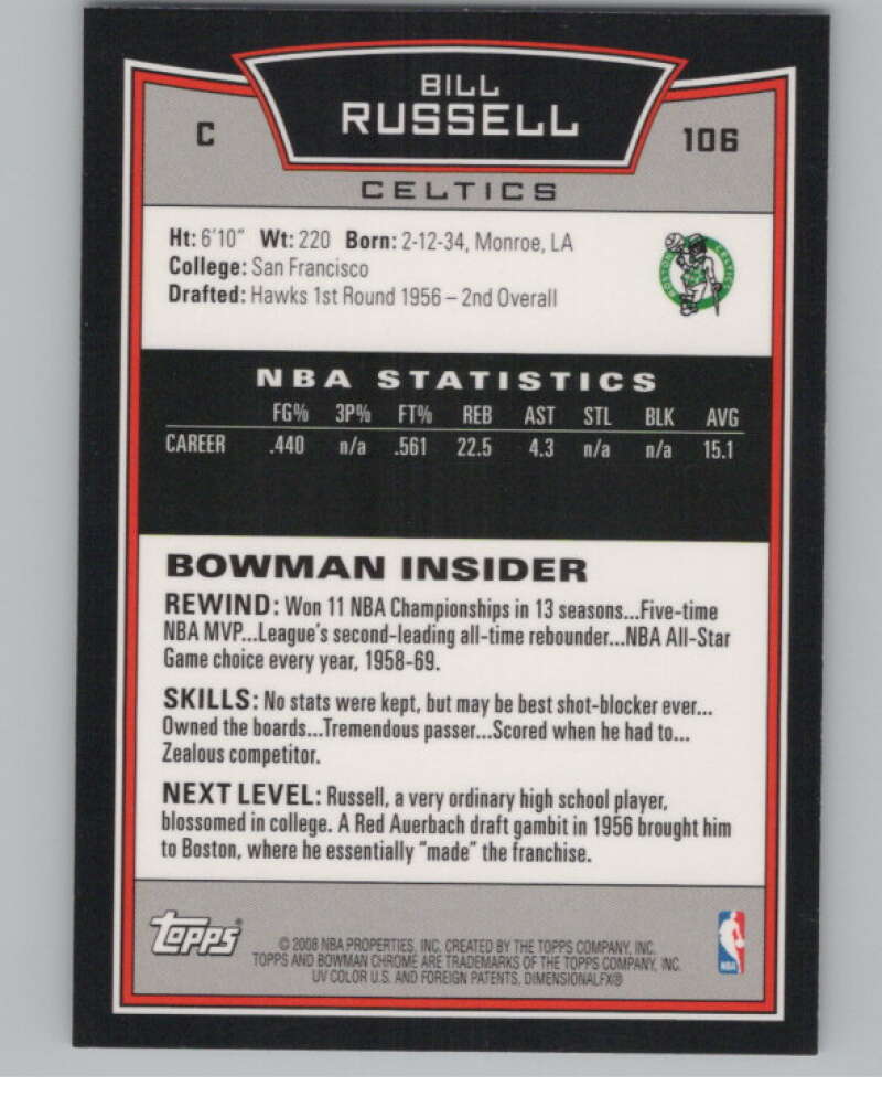 2008-09 Bowman Chrome #106 Bill Russell  Boston Celtics  V101702 Image 2