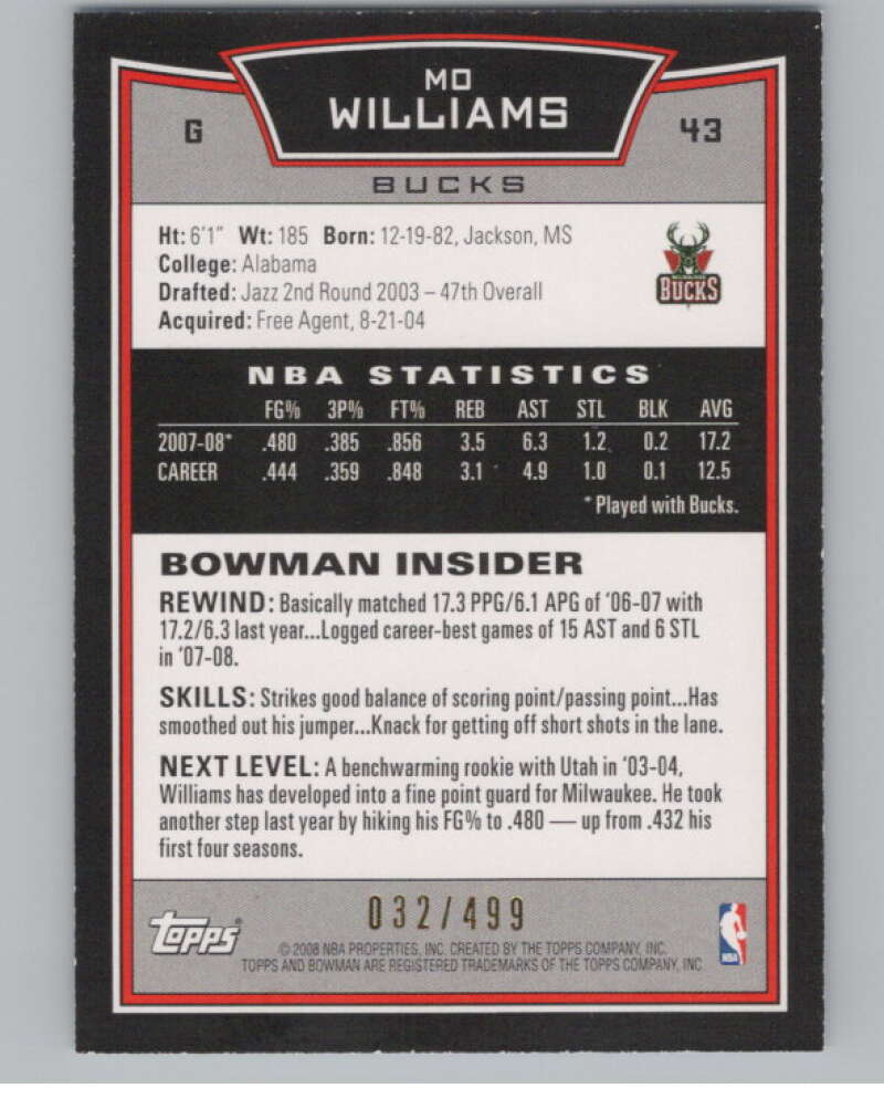 2008-09 Bowman Blue #43 Mo Williams 32/499 Milwaukee Bucks  V101704 Image 2