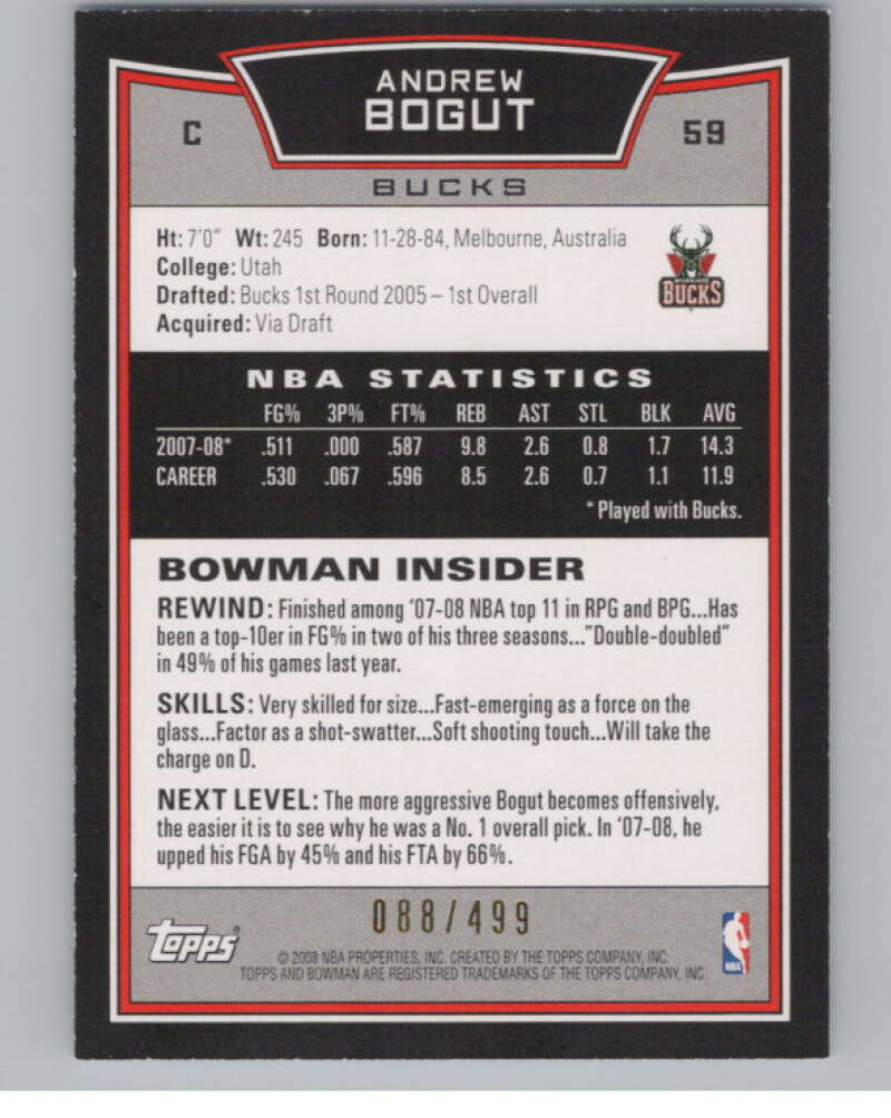 2008-09 Bowman Blue #59 Andrew Bogut 88/499 Milwaukee Bucks  V101705 Image 2