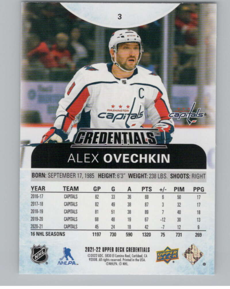 2021-22 Upper Deck Credentials #3 Alex Ovechkin  Washington Capitals  V101724 Image 2