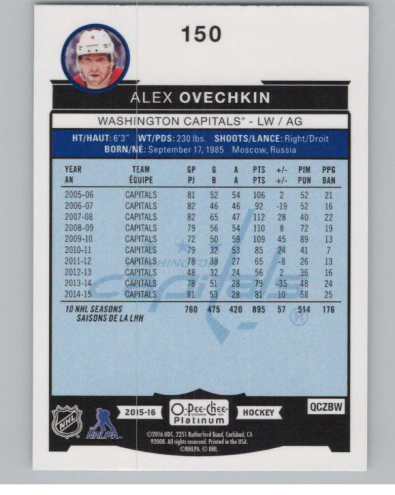 2015-16 O-Pee-Chee Platinum #150 Alexander Ovechkin Washington Capitals  V101780 Image 2