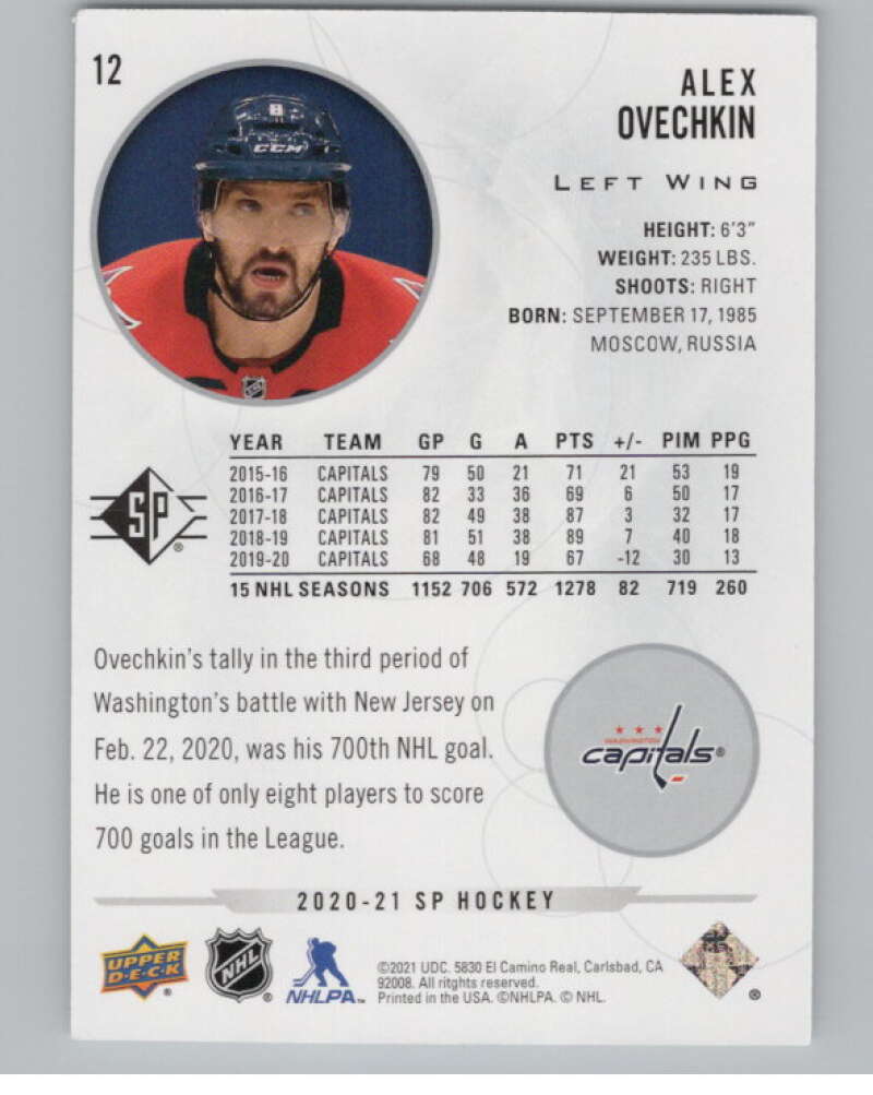 2020-21 SP #12 Alex Ovechkin  Washington Capitals  V101880 Image 2