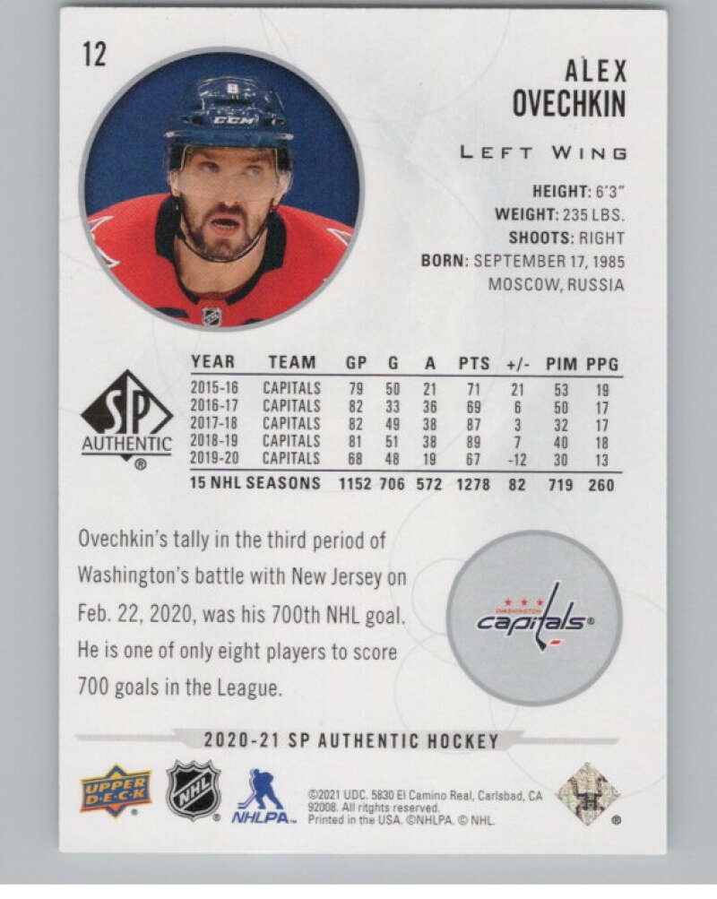 2020-21 SP Authentic #12 Alex Ovechkin  Washington Capitals  V101881 Image 2