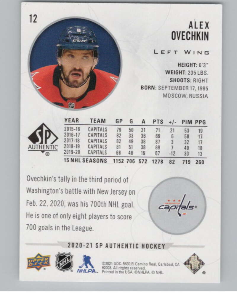 2020-21 SP Authentic #12 Alex Ovechkin  Washington Capitals  V101882 Image 2