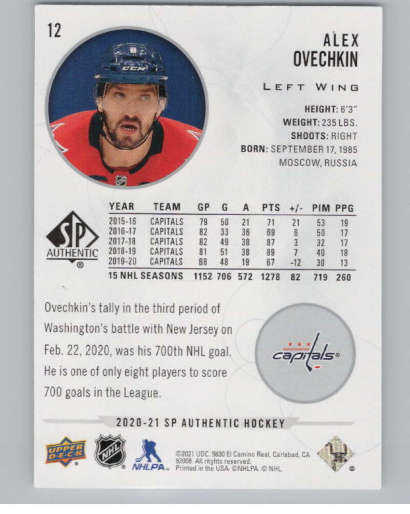 2020-21 SP Authentic #12 Alex Ovechkin  Washington Capitals  V101883 Image 2