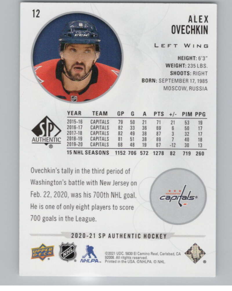 2020-21 SP Authentic #12 Alex Ovechkin  Washington Capitals  V101884 Image 2