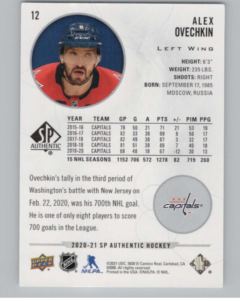 2020-21 SP Authentic #12 Alex Ovechkin  Washington Capitals  V101885 Image 2