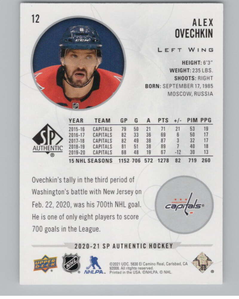 2020-21 SP Authentic #12 Alex Ovechkin  Washington Capitals  V101886 Image 2
