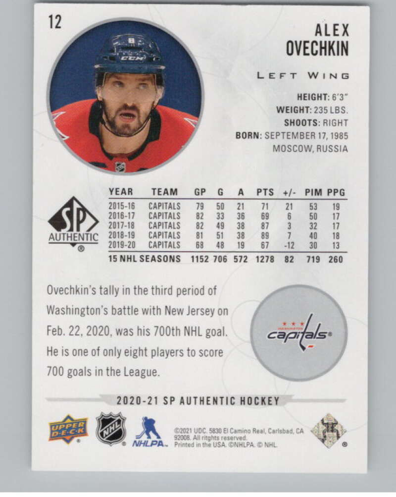 2020-21 SP Authentic #12 Alex Ovechkin  Washington Capitals  V101887 Image 2