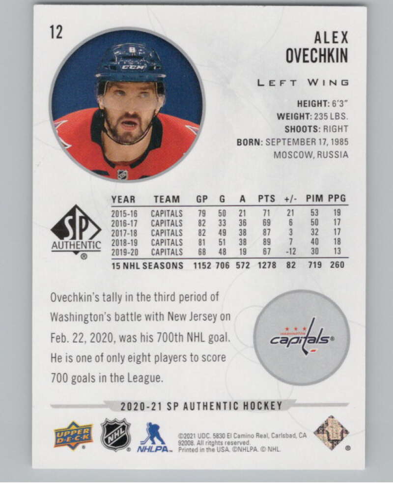 2020-21 SP Authentic #12 Alex Ovechkin  Washington Capitals  V101889 Image 2