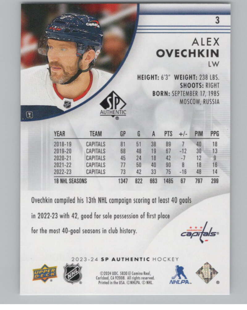 2023-24 SP Authentic #3 Alex Ovechkin  Washington Capitals  V101895 Image 2