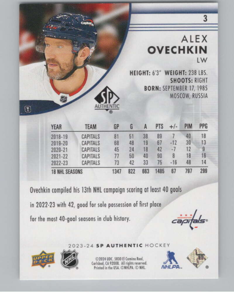 2023-24 SP Authentic #3 Alex Ovechkin  Washington Capitals  V101900 Image 2