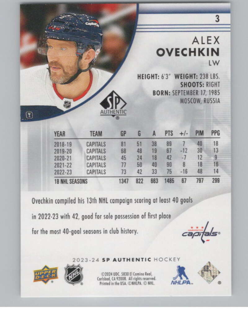 2023-24 SP Authentic #3 Alex Ovechkin  Washington Capitals  V101901 Image 2