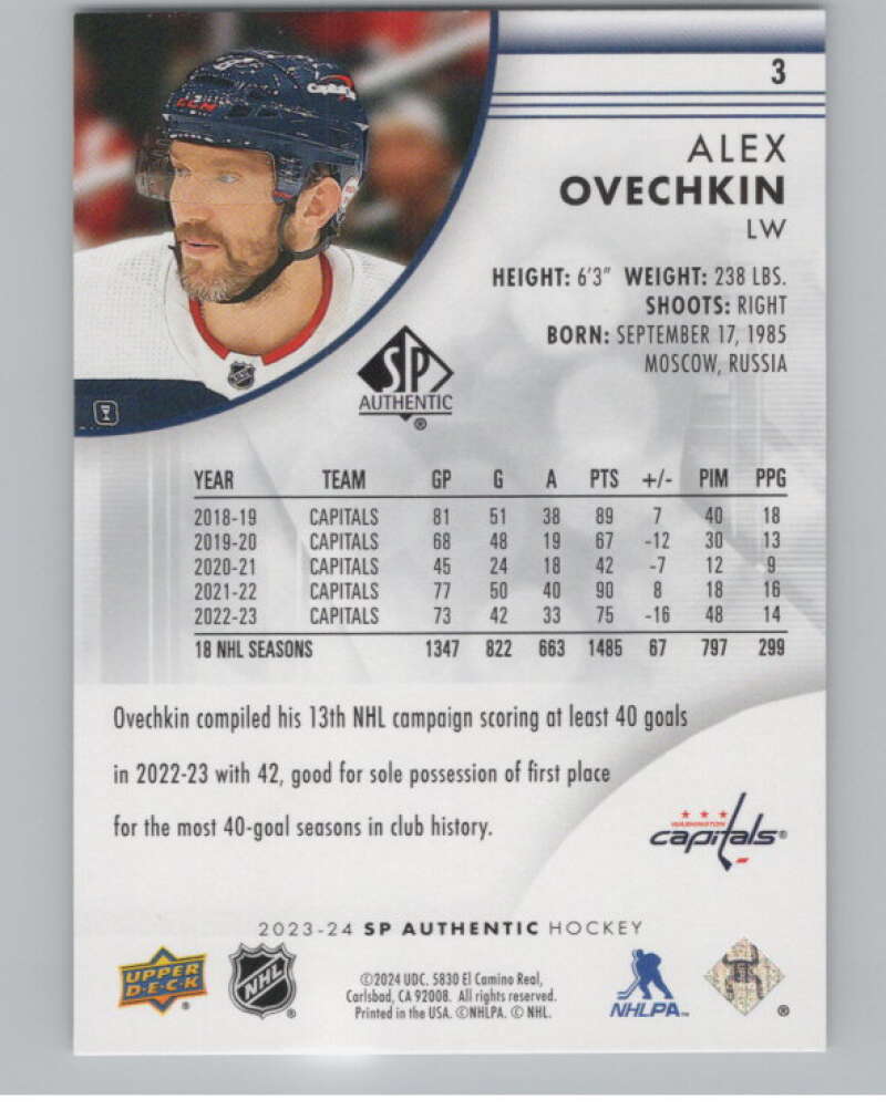 2023-24 SP Authentic #3 Alex Ovechkin  Washington Capitals  V101902 Image 2