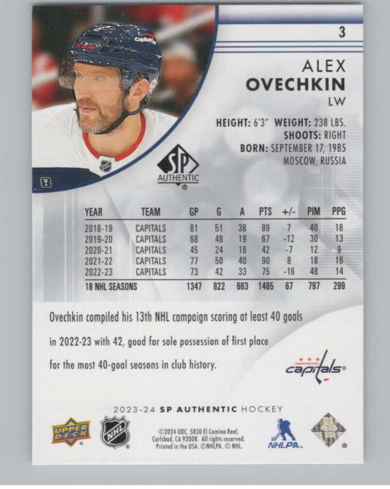 2023-24 SP Authentic #3 Alex Ovechkin  Washington Capitals  V101905 Image 2