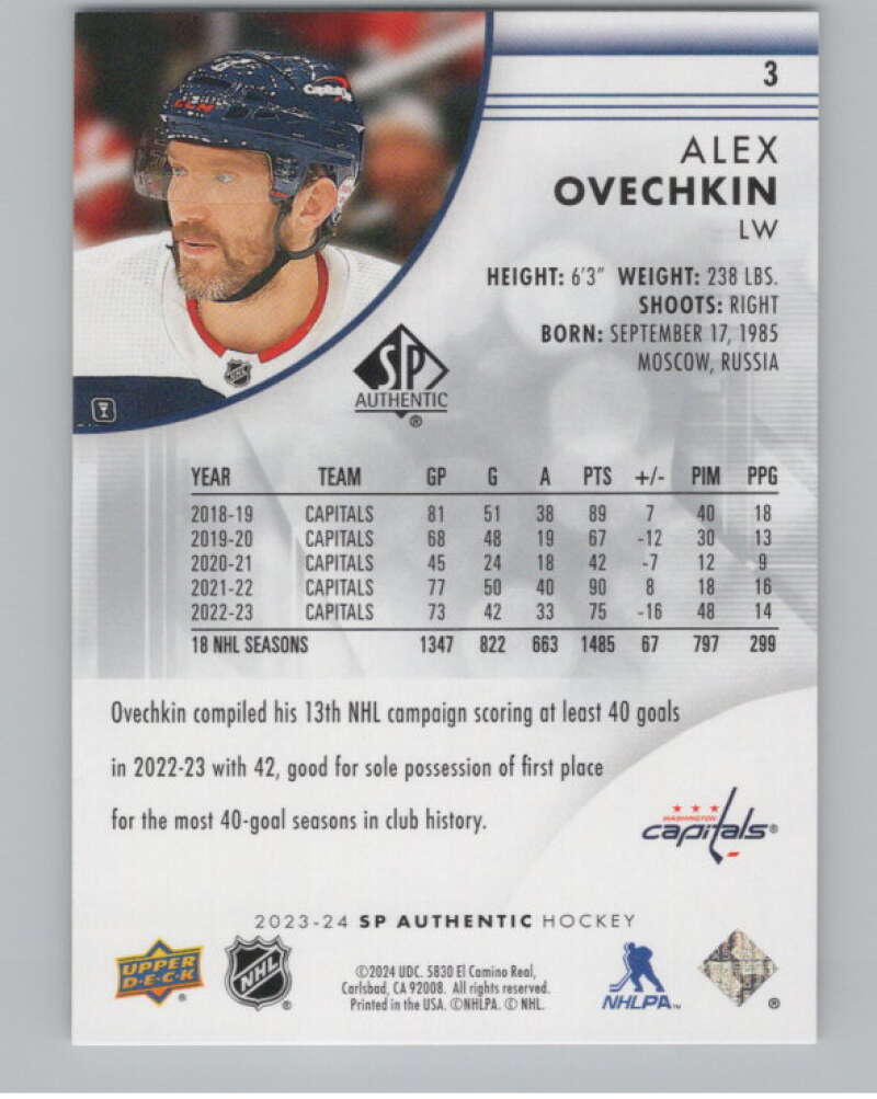 2023-24 SP Authentic #3 Alex Ovechkin  Washington Capitals  V101908 Image 2