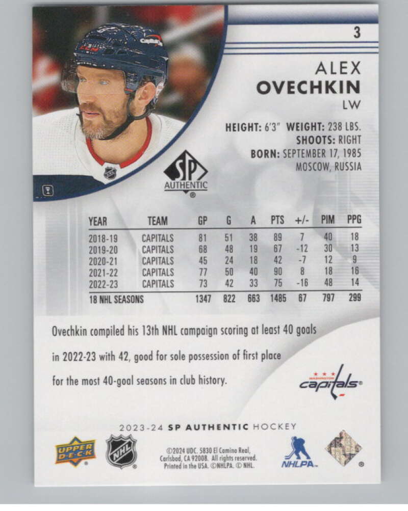 2023-24 SP Authentic #3 Alex Ovechkin  Washington Capitals  V101910 Image 2