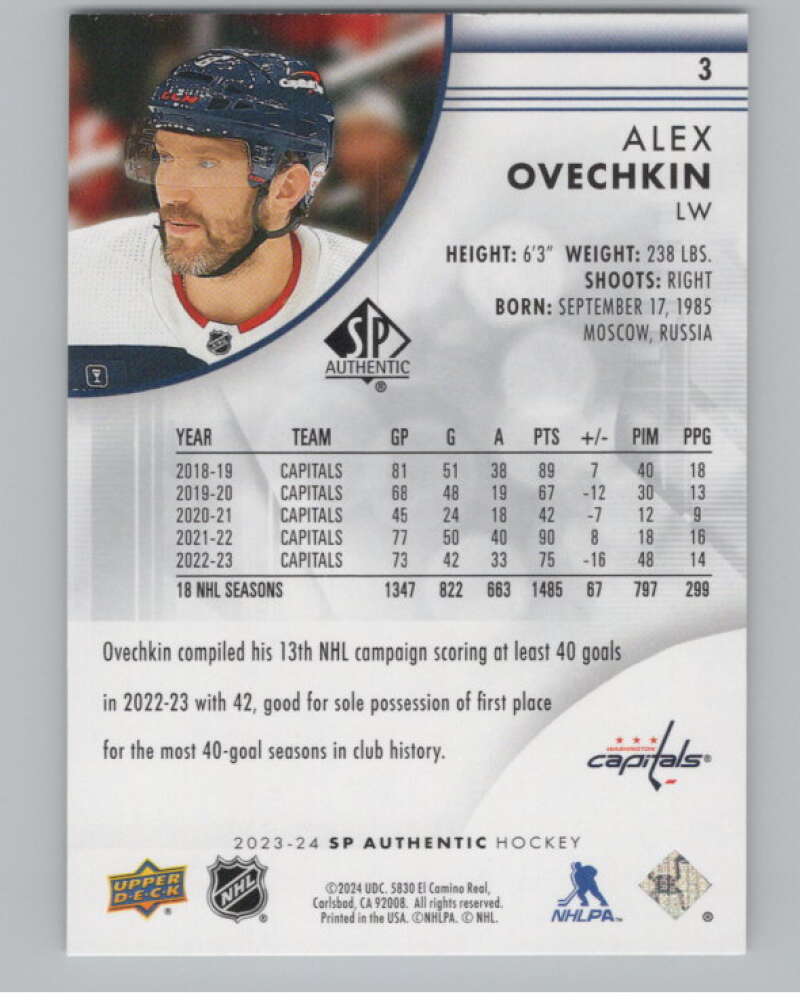 2023-24 SP Authentic #3 Alex Ovechkin  Washington Capitals  V101912 Image 2