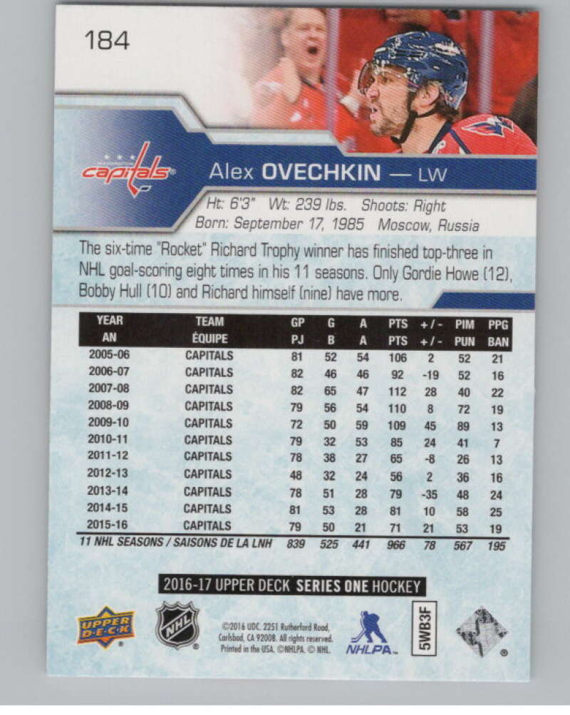 2016-17 Upper Deck #184 Alexander Ovechkin  Washington Capitals  V101974 Image 2