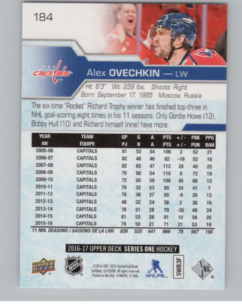 2016-17 Upper Deck #184 Alexander Ovechkin  Washington Capitals  V101975 Image 2
