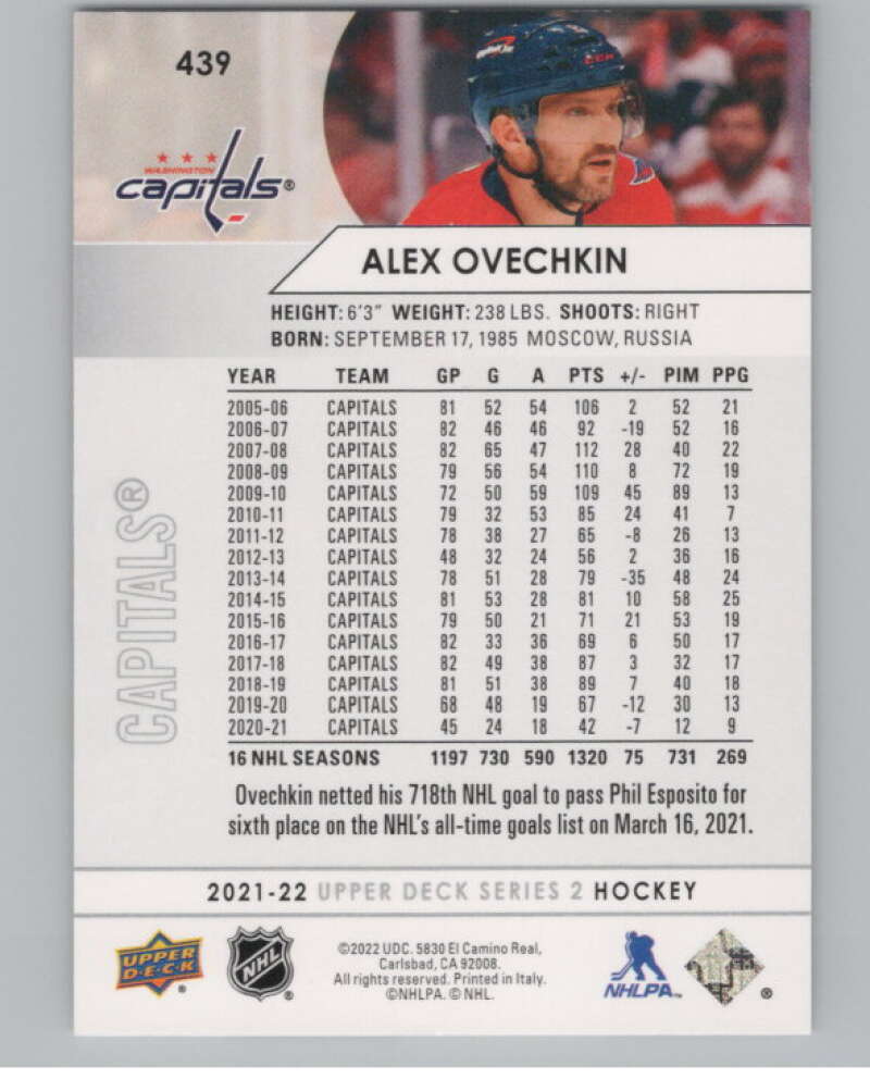 2021-22 Upper Deck #439 Alex Ovechkin  Washington Capitals  V101992 Image 2