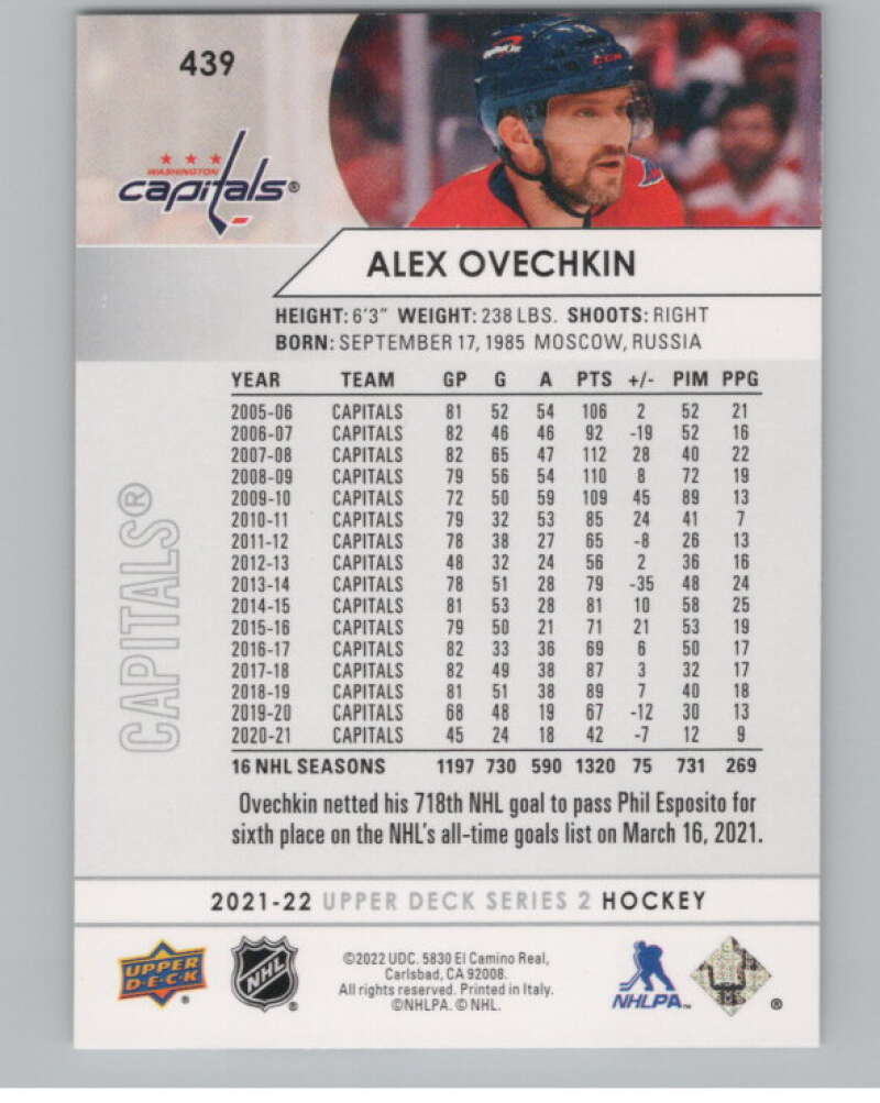 2021-22 Upper Deck #439 Alex Ovechkin  Washington Capitals  V101993 Image 2
