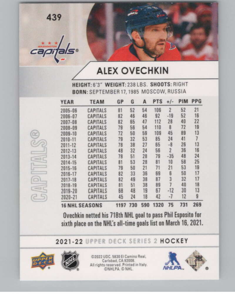 2021-22 Upper Deck #439 Alex Ovechkin  Washington Capitals  V101996 Image 2