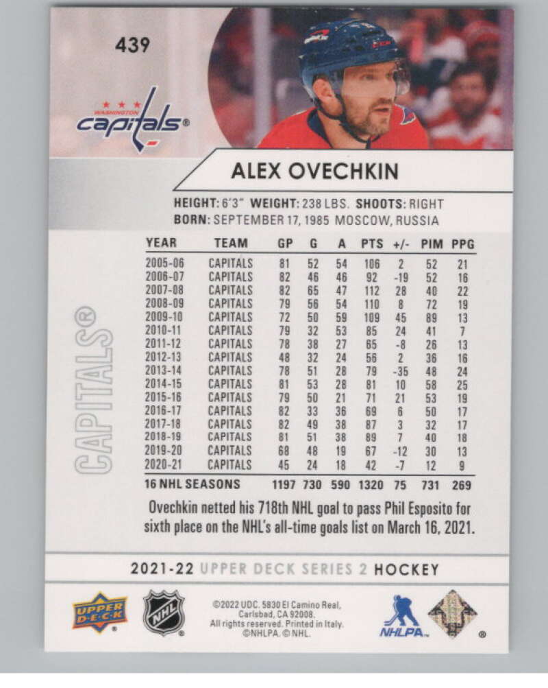 2021-22 Upper Deck #439 Alex Ovechkin  Washington Capitals  V101997 Image 2