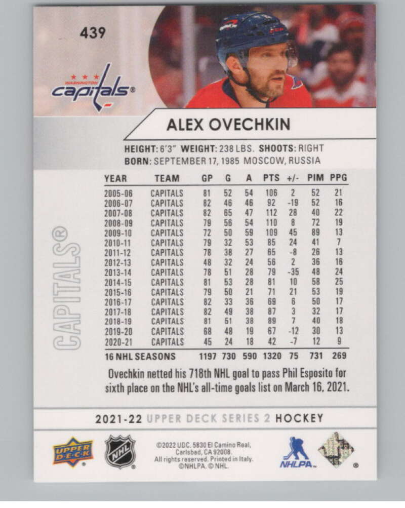 2021-22 Upper Deck #439 Alex Ovechkin  Washington Capitals  V101998 Image 2