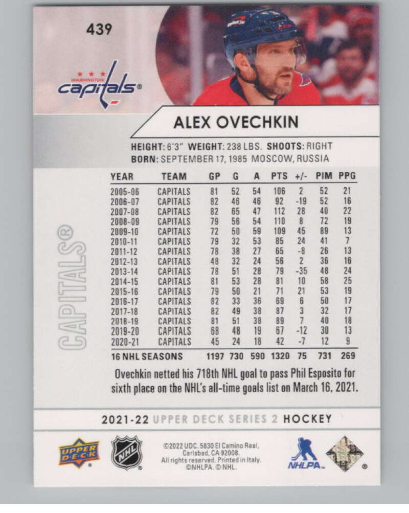 2021-22 Upper Deck #439 Alex Ovechkin  Washington Capitals  V102000 Image 2
