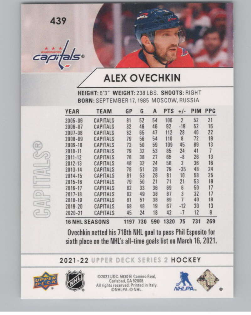 2021-22 Upper Deck #439 Alex Ovechkin  Washington Capitals  V102001 Image 2