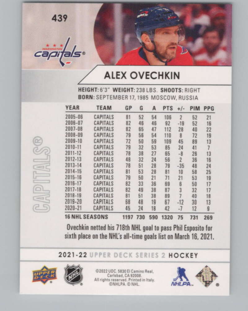 2021-22 Upper Deck #439 Alex Ovechkin  Washington Capitals  V102002 Image 2