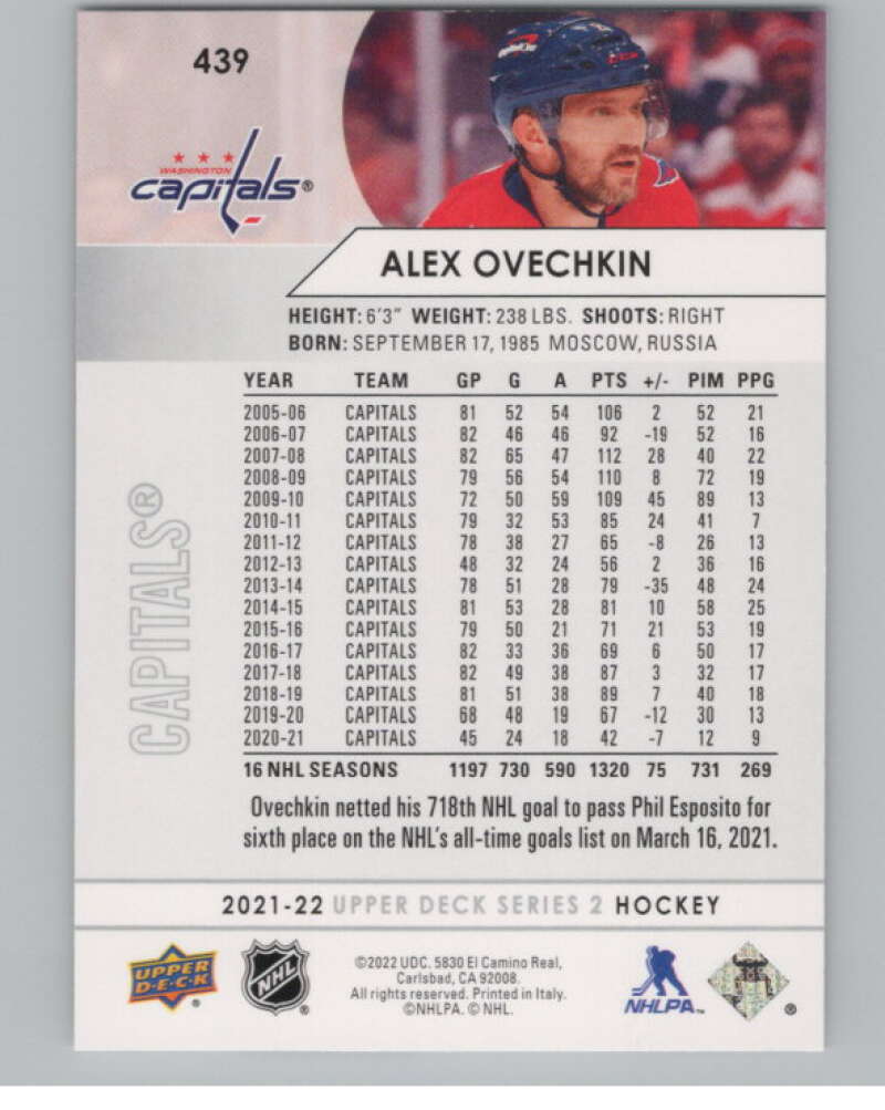 2021-22 Upper Deck #439 Alex Ovechkin  Washington Capitals  V102005 Image 2
