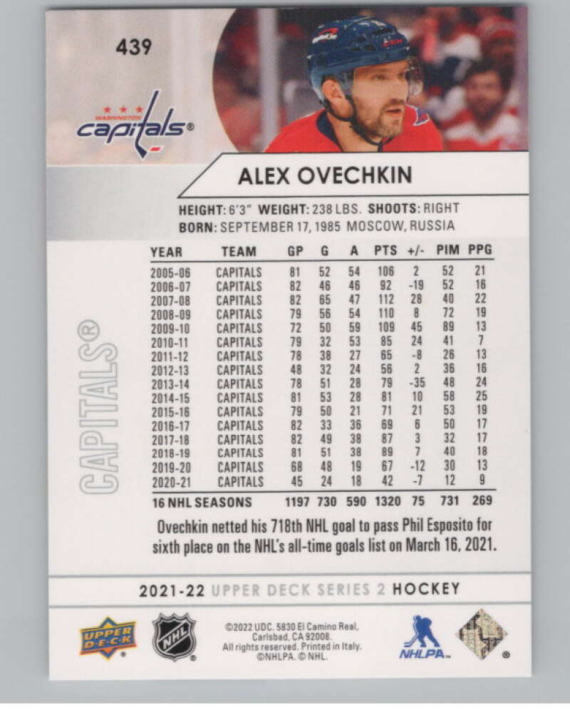 2021-22 Upper Deck #439 Alex Ovechkin  Washington Capitals  V102006 Image 2