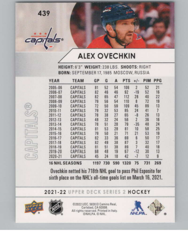 2021-22 Upper Deck #439 Alex Ovechkin  Washington Capitals  V102007 Image 2