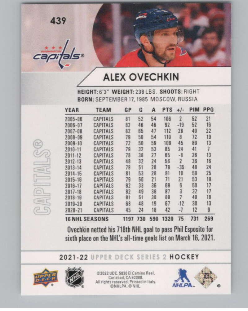 2021-22 Upper Deck #439 Alex Ovechkin  Washington Capitals  V102008 Image 2