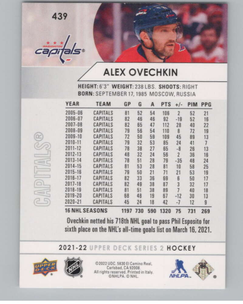 2021-22 Upper Deck #439 Alex Ovechkin  Washington Capitals  V102009 Image 2