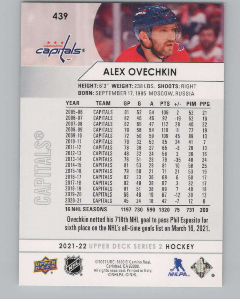 2021-22 Upper Deck #439 Alex Ovechkin  Washington Capitals  V102010 Image 2
