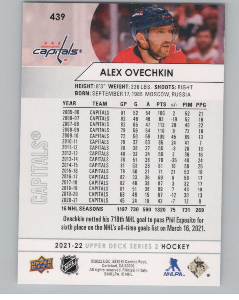 2021-22 Upper Deck #439 Alex Ovechkin  Washington Capitals  V102011 Image 2