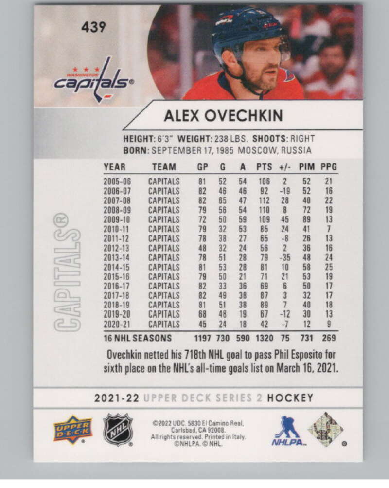 2021-22 Upper Deck #439 Alex Ovechkin  Washington Capitals  V102012 Image 2