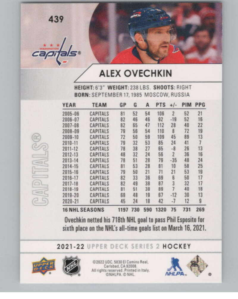 2021-22 Upper Deck #439 Alex Ovechkin  Washington Capitals  V102013 Image 2