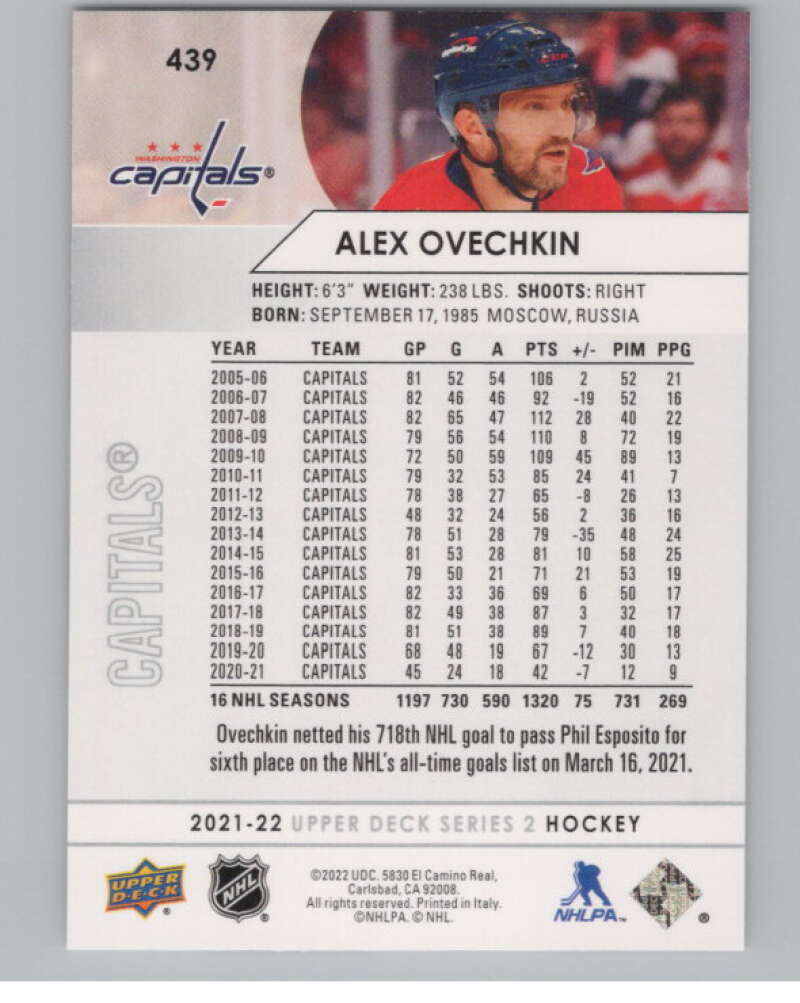 2021-22 Upper Deck #439 Alex Ovechkin  Washington Capitals  V102014 Image 2