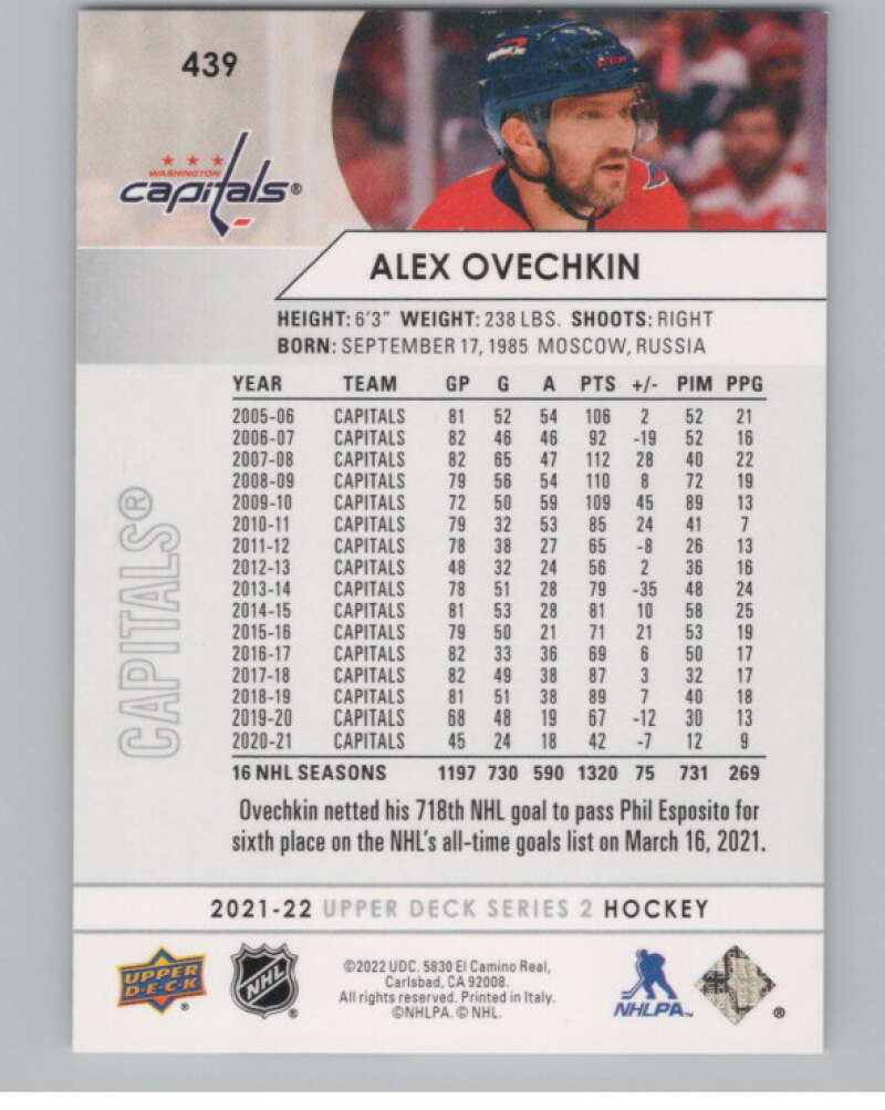 2021-22 Upper Deck #439 Alex Ovechkin  Washington Capitals  V102016 Image 2