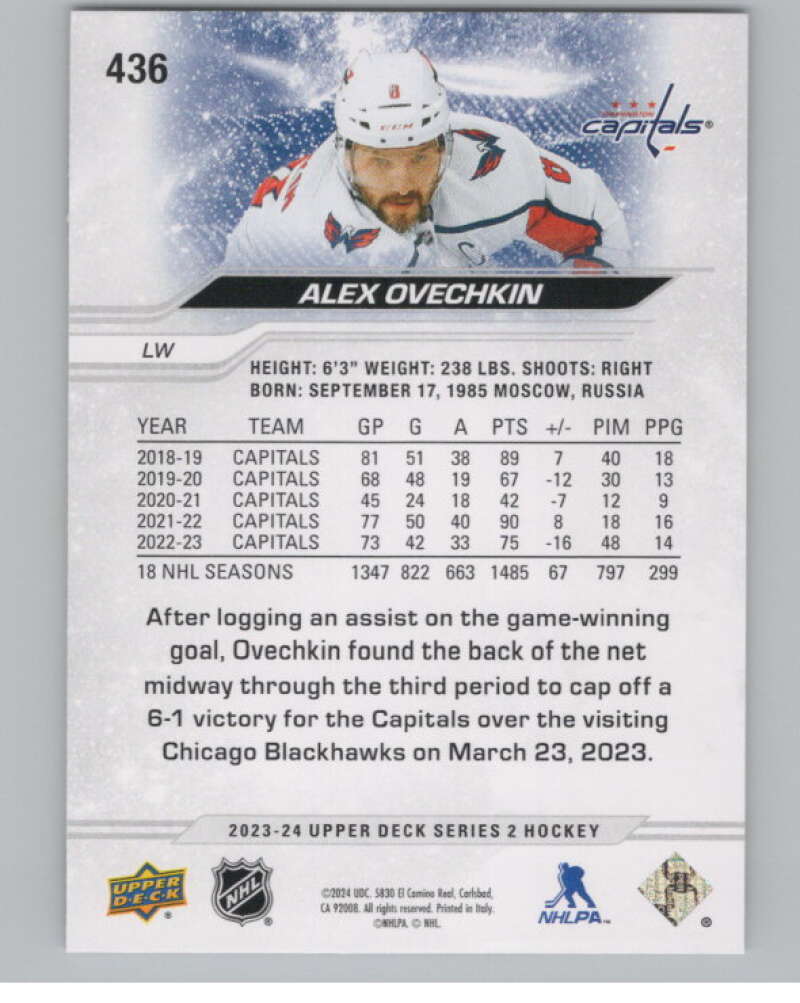 2023-24 Upper Deck #436 Alex Ovechkin  Washington Capitals  V102017 Image 2