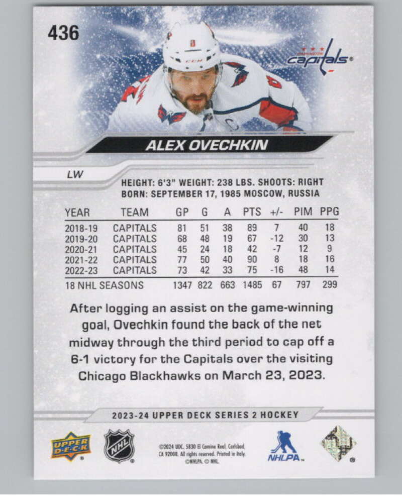 2023-24 Upper Deck #436 Alex Ovechkin  Washington Capitals  V102018 Image 2