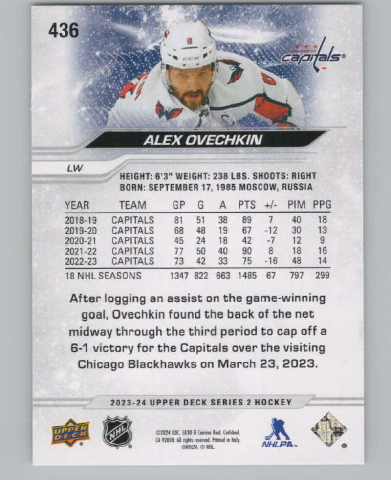 2023-24 Upper Deck #436 Alex Ovechkin  Washington Capitals  V102019 Image 2