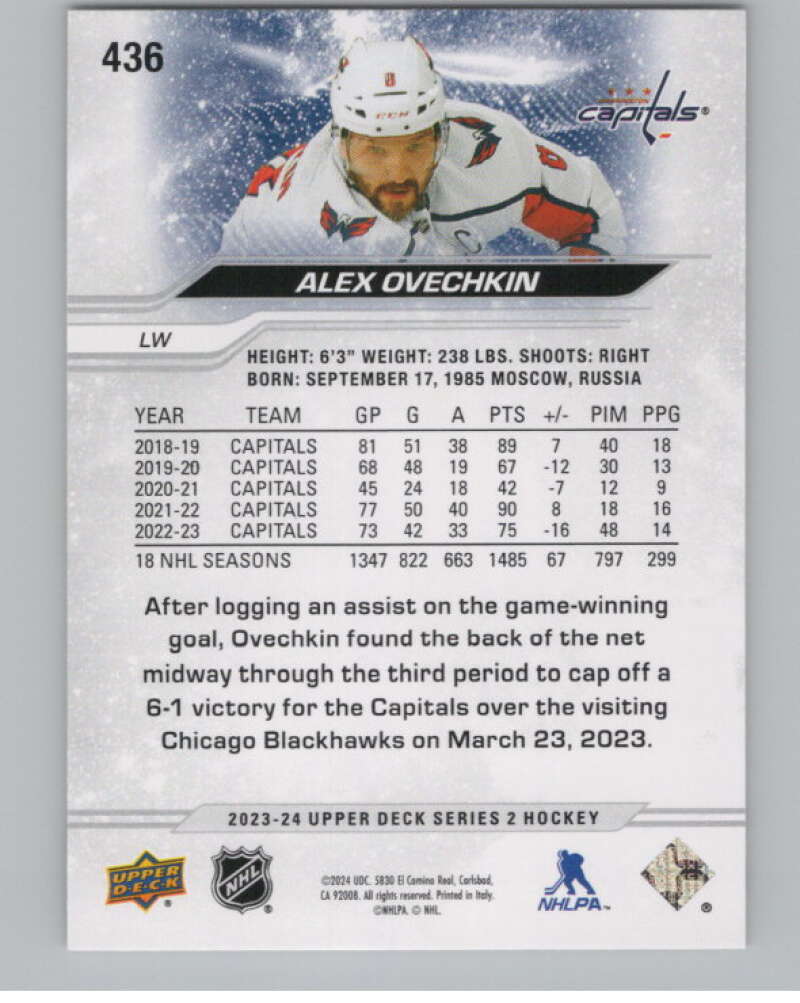 2023-24 Upper Deck #436 Alex Ovechkin  Washington Capitals  V102020 Image 2