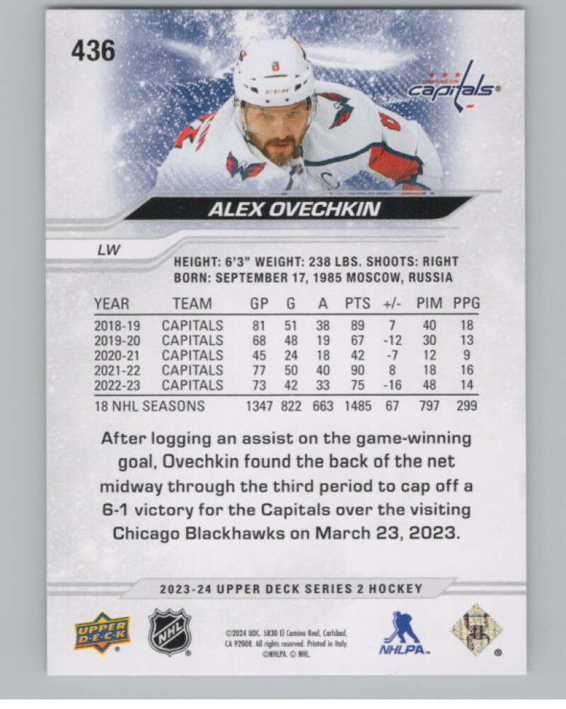 2023-24 Upper Deck #436 Alex Ovechkin  Washington Capitals  V102021 Image 2