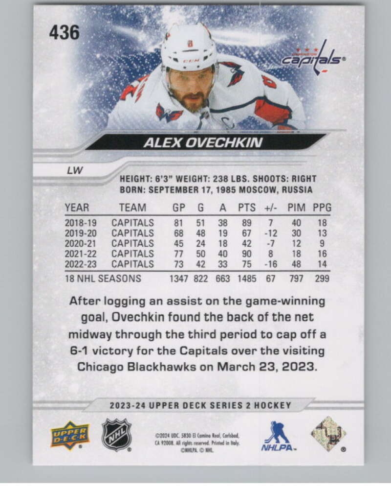 2023-24 Upper Deck #436 Alex Ovechkin  Washington Capitals  V102022 Image 2